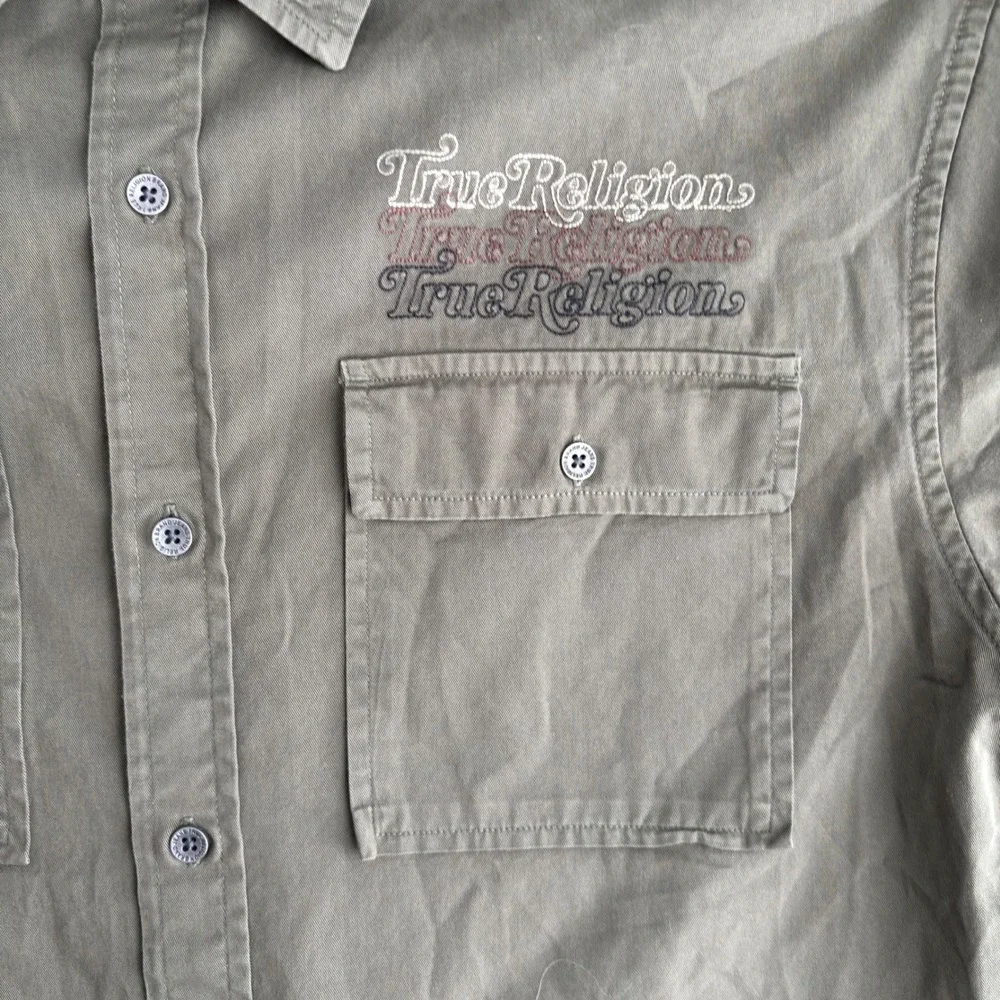 True Religion Mens Olive Green Short Sleeve Button Down Utility Shirt Large